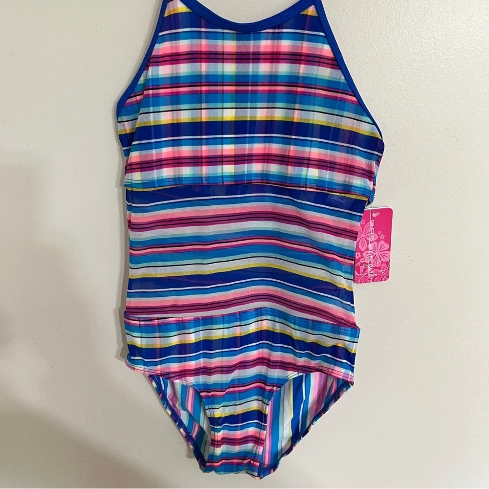 NWT Girls‎ Gossip Girl 1 Piece Swimsuit Striped With Sheer Belly Area Size 8